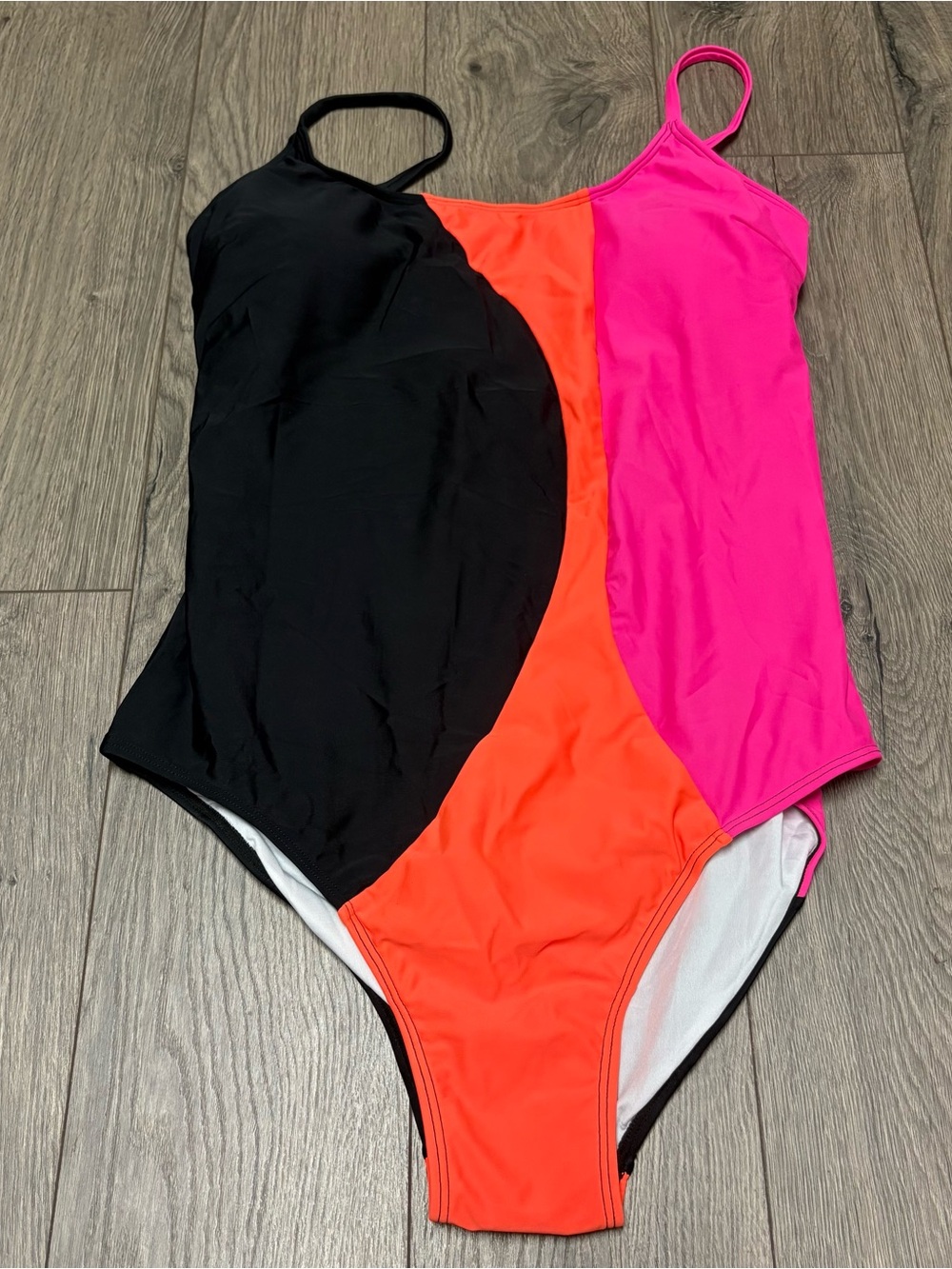 Colorblock neon orange & pink black one piece swimsuit